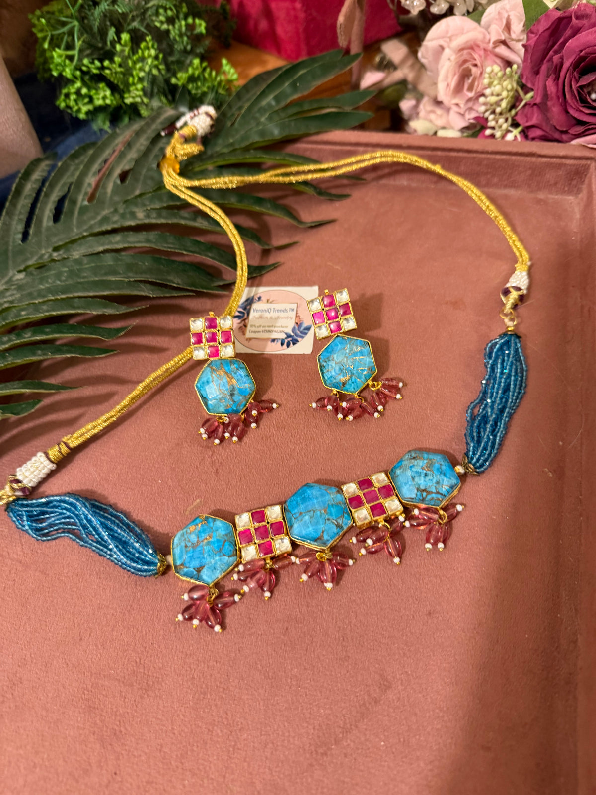 VeroniQ Trends-Turquoise Gold Plated Choker With Earrings in Kundan Blue Beads and Pearls-India