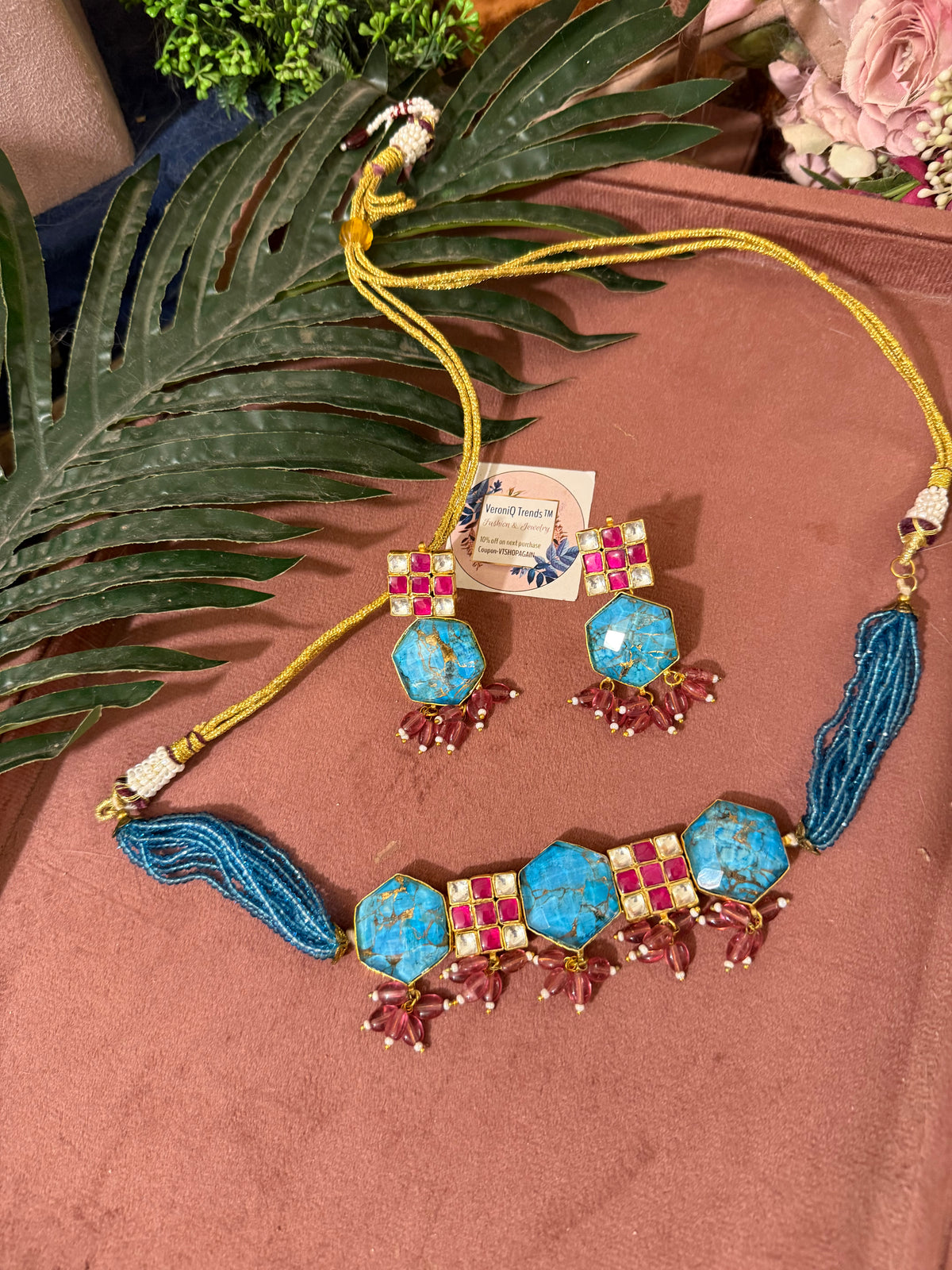 VeroniQ Trends-Turquoise Gold Plated Choker With Earrings in Kundan Blue Beads and Pearls-India