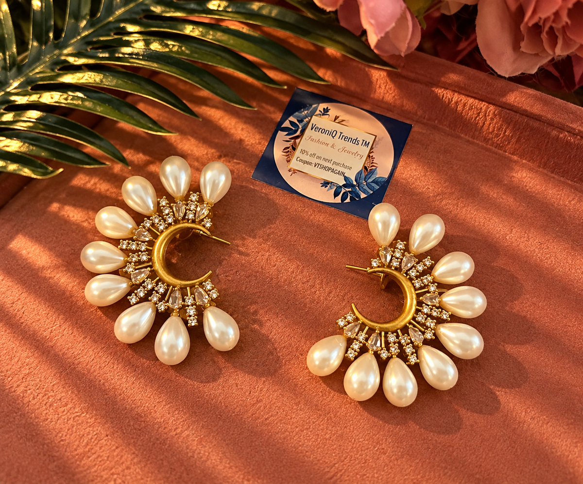 VeroniQ Trends-Big Moon Shape Stone Studded Earrings With Pearls.