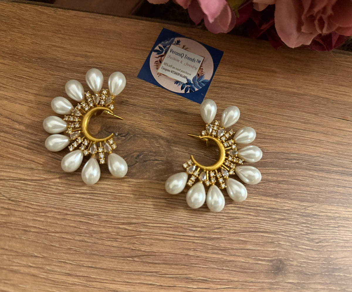 VeroniQ Trends-Big Moon Shape Stone Studded Earrings With Pearls.