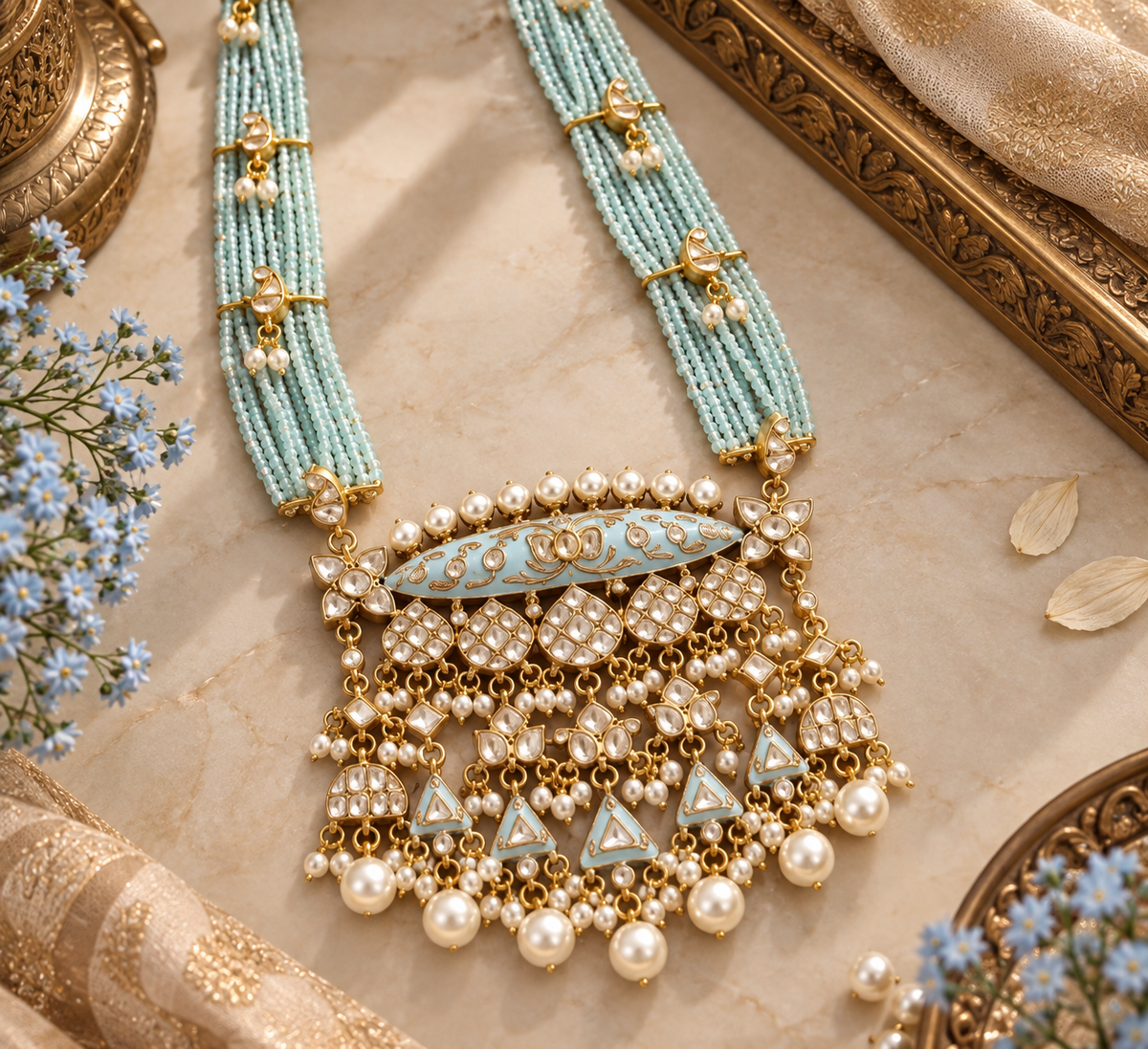 VeroniQ Trends-Long Meenakari Blue Beads Necklace in Pachi Kundan-Gold Plated.