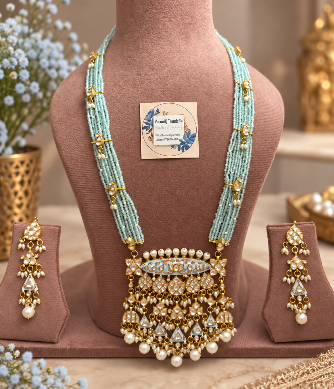 VeroniQ Trends-Long Meenakari Blue Beads Necklace in Pachi Kundan-Gold Plated.