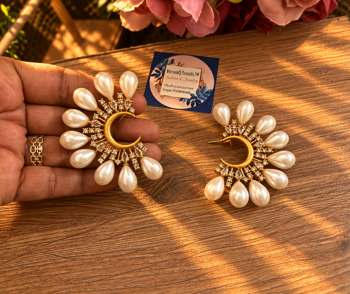 VeroniQ Trends-Big Moon Shape Stone Studded Earrings With Pearls.
