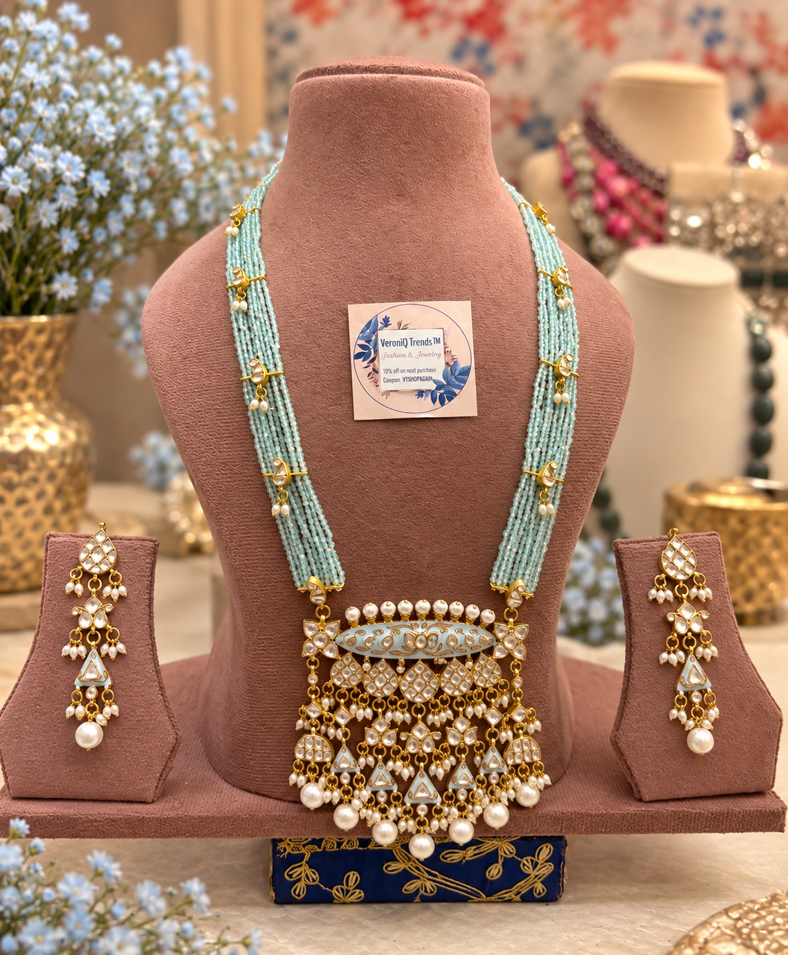 VeroniQ Trends-Long Meenakari Blue Beads Necklace in Pachi Kundan-Gold Plated.