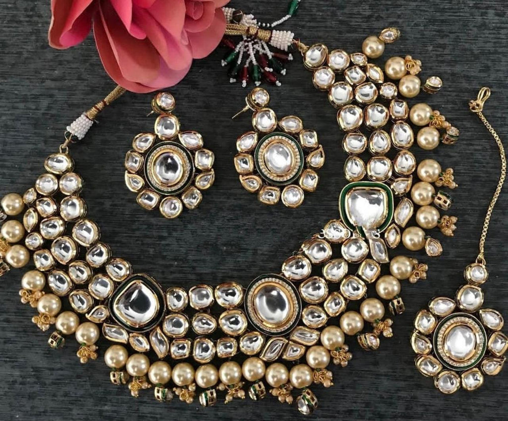 VeroniQ Trends-Antique Designer Polki Moti Set With Green Pearl Pachi Kundan Choker Necklace Pachi Kundan-Gold Plated-Wedding Jewellery-Punjabi Jewellery-South Indian-Thappa Jewellery (Copy)