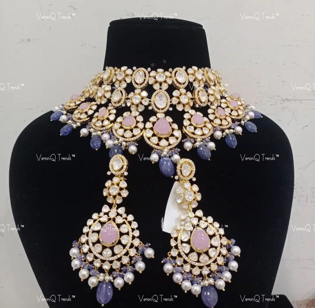 VeroniQ Trends-Bridal Victorian Ruby and Polki Silver Necklace With Sapphire Beads 92.5 Silver Moissanite Diamond Polki-Gold Plated-Wedding Jewellery-Punjabi Jewellery-South Indian-Thappa Jewellery