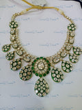 VeroniQ Trends-Victorian Meenakari Emerald and Polki Silver Necklace 92.5 Silver Moissanite Diamond Polki-Emerald Stone-Gold Plated-Wedding Jewellery-Punjabi Jewellery-South Indian-Thappa Jewellery