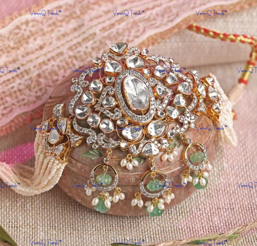 VeroniQ Trends-Victorian Cocktail Party Pearl Pumpkin Beads And Polki Silver Choker Necklace 92.5 Silver Moissanite Diamond Polki-Gold Plated-Wedding Jewellery-Punjabi Jewellery-South Indian-Thappa Jewellery