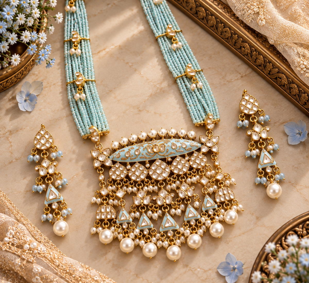 VeroniQ Trends-Long Meenakari Blue Beads Necklace in Pachi Kundan-Gold Plated.