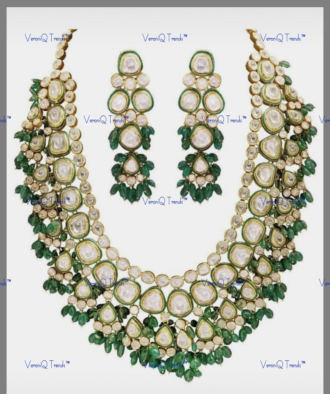 VeroniQ Trends-Traditional Gold Plated Back Meenakari Green Quartz Beads Kundan Polki Long Necklace Polki-Gold Plated-Wedding Jewellery-Punjabi Jewellery-South Indian-Thappa Jewellery