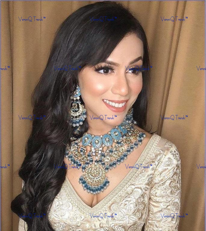 VeroniQ Trends-Bridal Bold Statement Gold Plated Blue Meenakari Kundan Necklace Kundan-Gold Plated-Wedding Jewellery-Punjabi Jewellery-South Indian-Thappa Jewellery