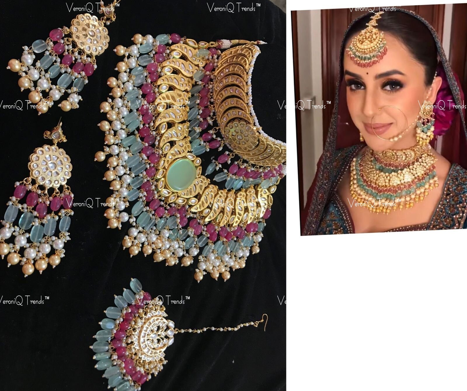 VeroniQ Trends-Bridal Gold Plated Bikaneri Kundan Choker Necklace in Pink and Sea Blue Beads Bikaneri Kundan-Gold Plated-Wedding Jewellery-Punjabi Jewellery-South Indian-Thappa Jewellery