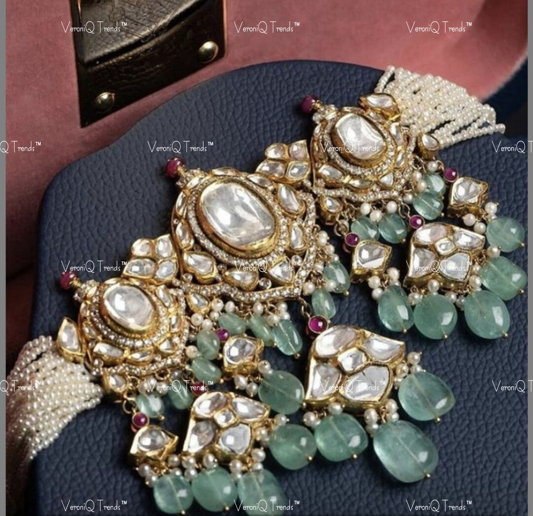VeroniQ Trends-Victorian Bridal Polki Silver Choker Necklace 92.5 Silver Moissanite Diamond Polki-Gold Plated-Wedding Jewellery-Punjabi Jewellery-South Indian-Thappa Jewellery