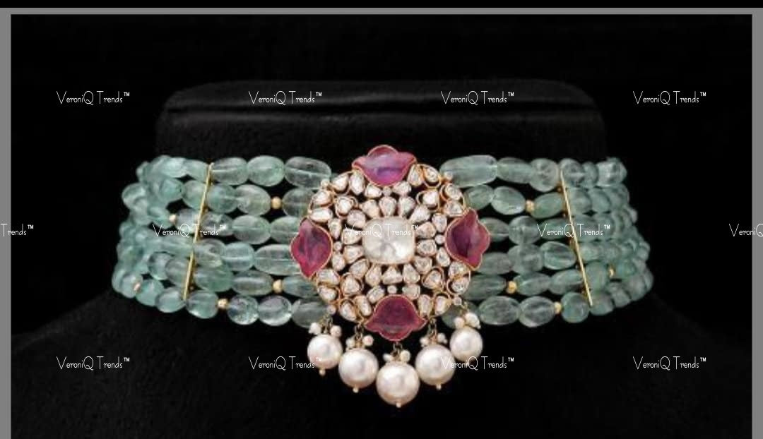 VeroniQ Trends-Cocktail Party Wear Victorian Multistrand  Ruby And Polki Silver Choker Necklace 92.5 Silver Moissanite Diamond Polki-Ruby Stone-Gold Plated-Wedding Jewellery-Punjabi Jewellery-South Indian-Thappa Jewellery