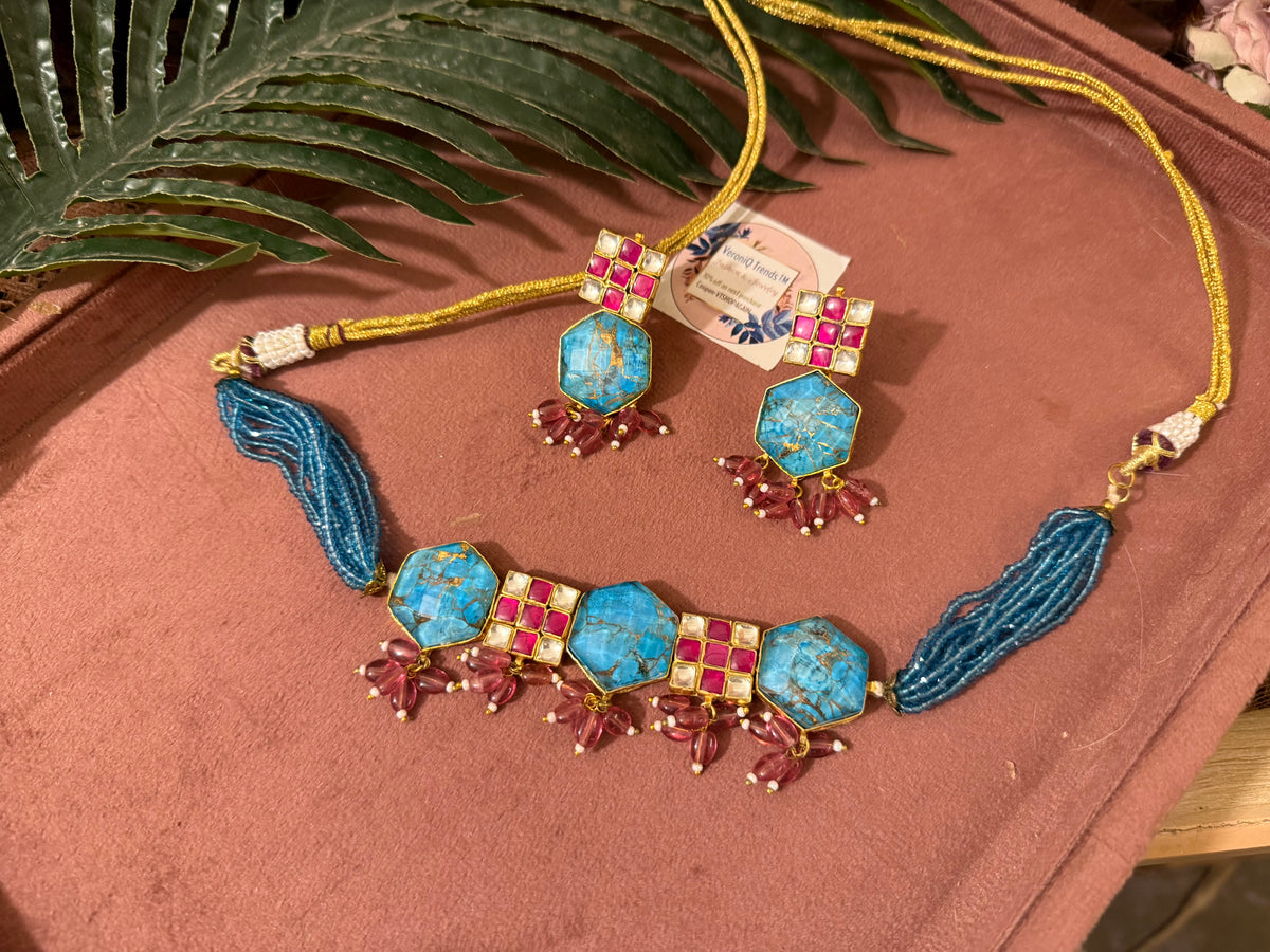 VeroniQ Trends-Turquoise Gold Plated Choker With Earrings in Kundan Blue Beads and Pearls-India