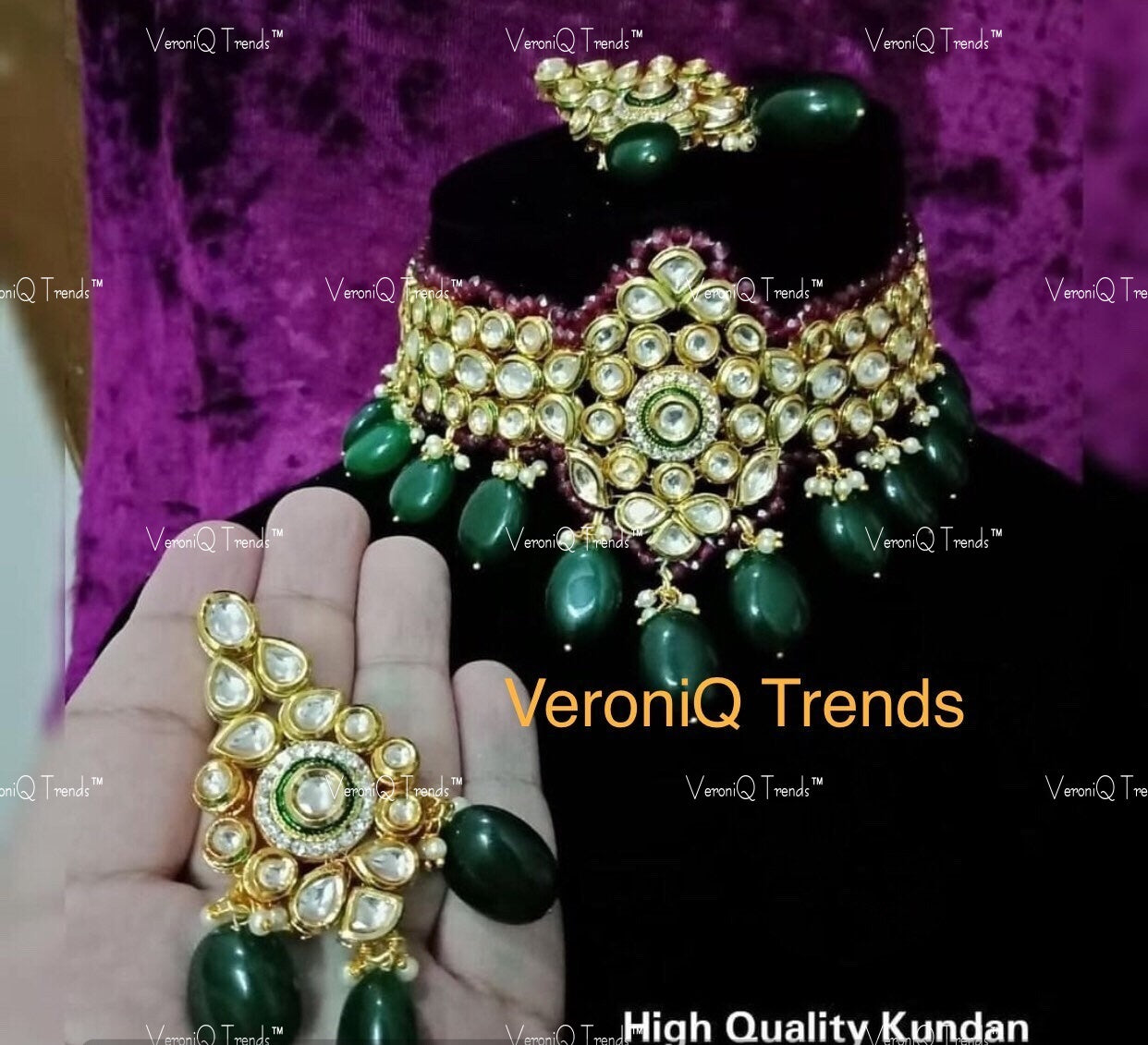 VeroniQ Trends-Designer Gold Plated Kundan Choker Necklace With Emerald Drops Polki Kundan-Gold Plated-Wedding Jewellery-Punjabi Jewellery-South Indian-Thappa Jewellery