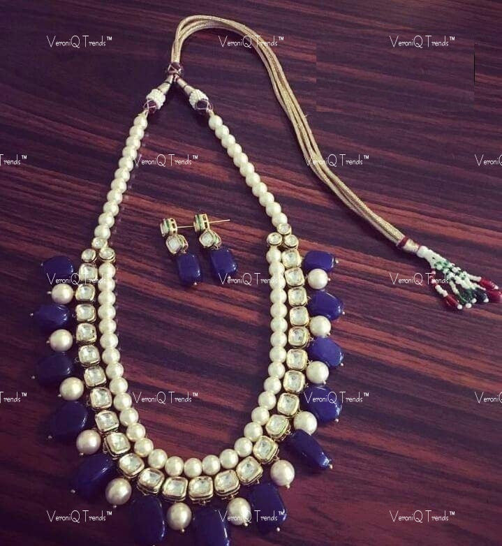 VeroniQ Trends-Beautiful Gold Plated Multilayer Kundan Rani Haar Long Necklace with Sapphire Beads Kundan-Gold Plated-Wedding Jewellery-Punjabi Jewellery-South Indian-Thappa Jewellery