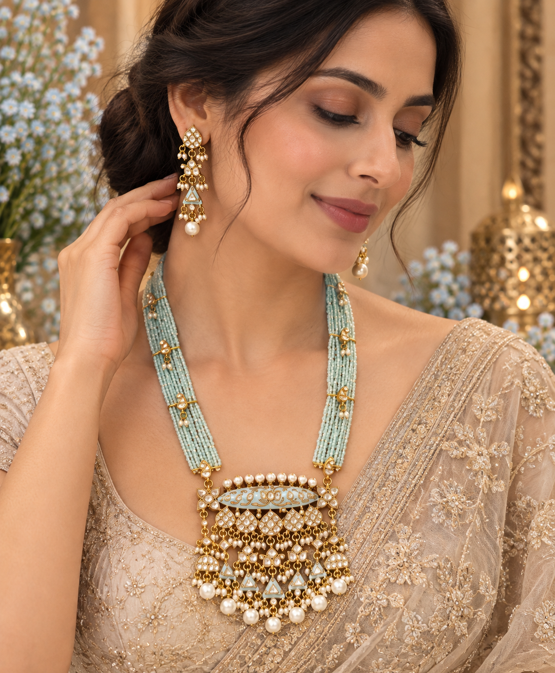 VeroniQ Trends-Long Meenakari Blue Beads Necklace in Pachi Kundan-Gold Plated.