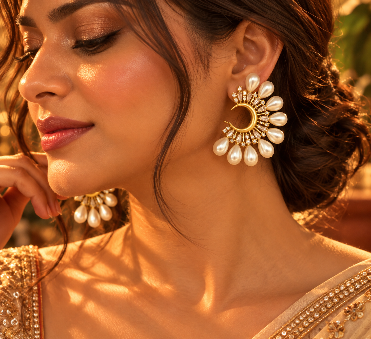 VeroniQ Trends-Big Moon Shape Stone Studded Earrings With Pearls.