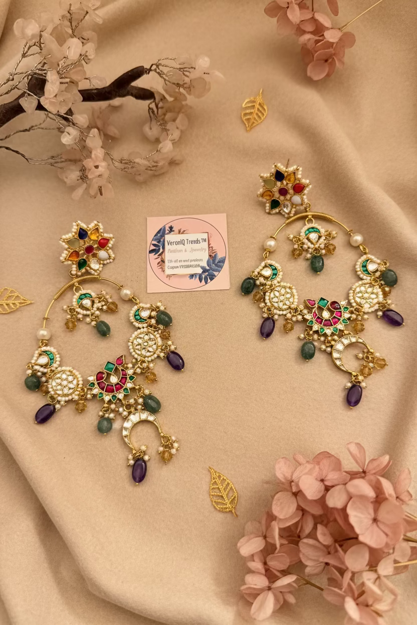 VeroniQ Trends-Beautiful Bridal Gold Plated Kundan Navratan Chandbali Earrings.