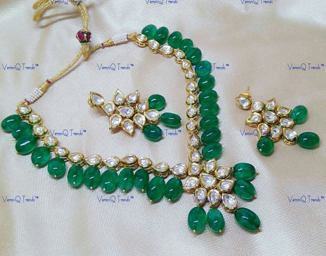 VeroniQ Trends-Designer Gold Plated Faux Emerald Green Gemstone Kundan Necklace Set Kundan-Gold Plated-Wedding Jewellery-Punjabi Jewellery-South Indian-Thappa Jewellery