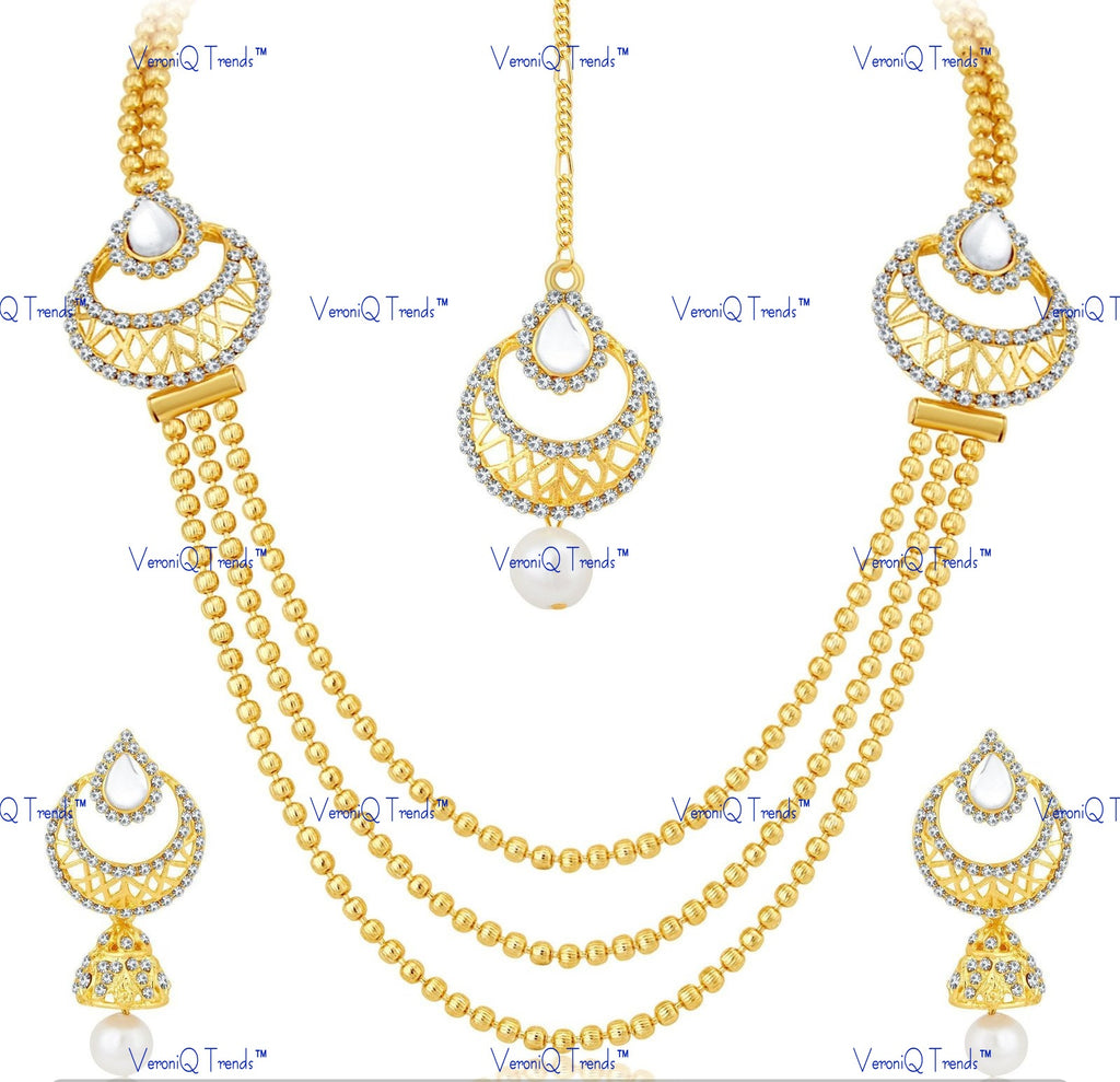 VeroniQ Trends-Traditional Gold Plated Graceful 3 String Necklace Set with pearl drop Kundan-Gold Plated-Wedding Jewellery-Punjabi Jewellery-South Indian-Thappa Jewellery