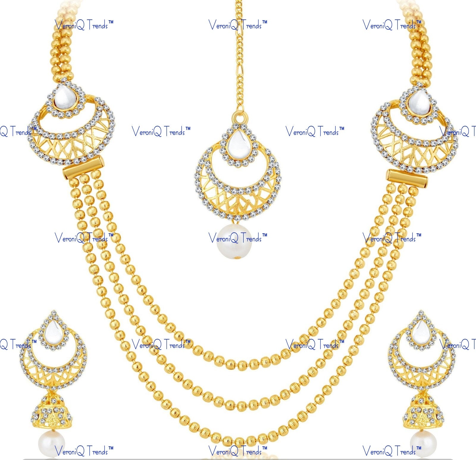 VeroniQ Trends-Traditional Gold Plated Graceful 3 String Necklace Set with pearl drop Kundan-Gold Plated-Wedding Jewellery-Punjabi Jewellery-South Indian-Thappa Jewellery