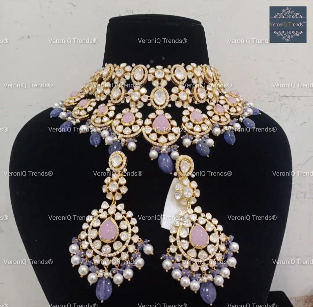 VeroniQ Trends-Victorian Choker Necklace 92.5 Silver Moissanite Diamond Polki With Sapphire Beads-Wedding Jewelry-Cocktail Party-South Indian-Thappa