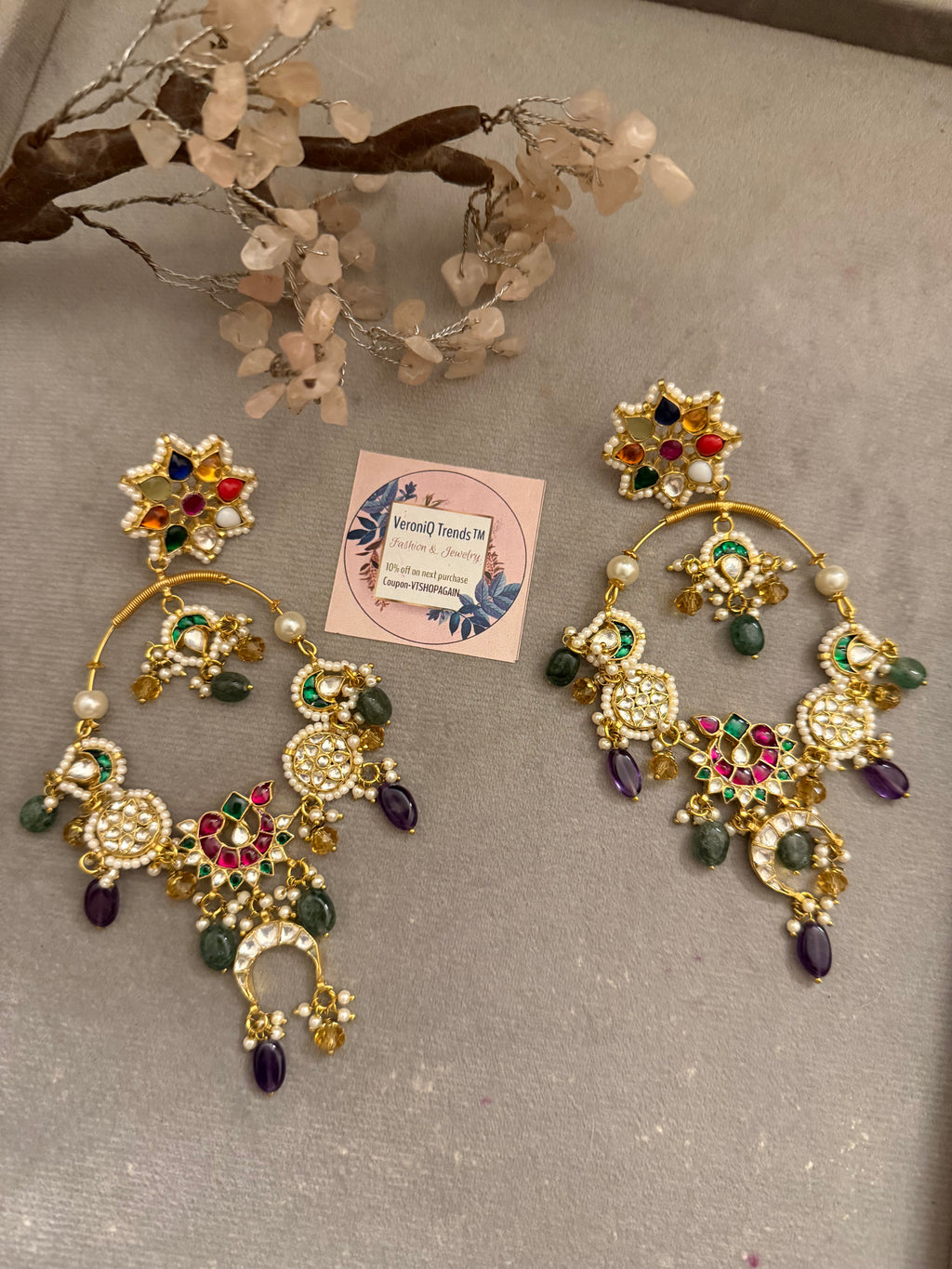 VeroniQ Trends-Beautiful Bridal Gold Plated Kundan Navratan Chandbali Earrings.