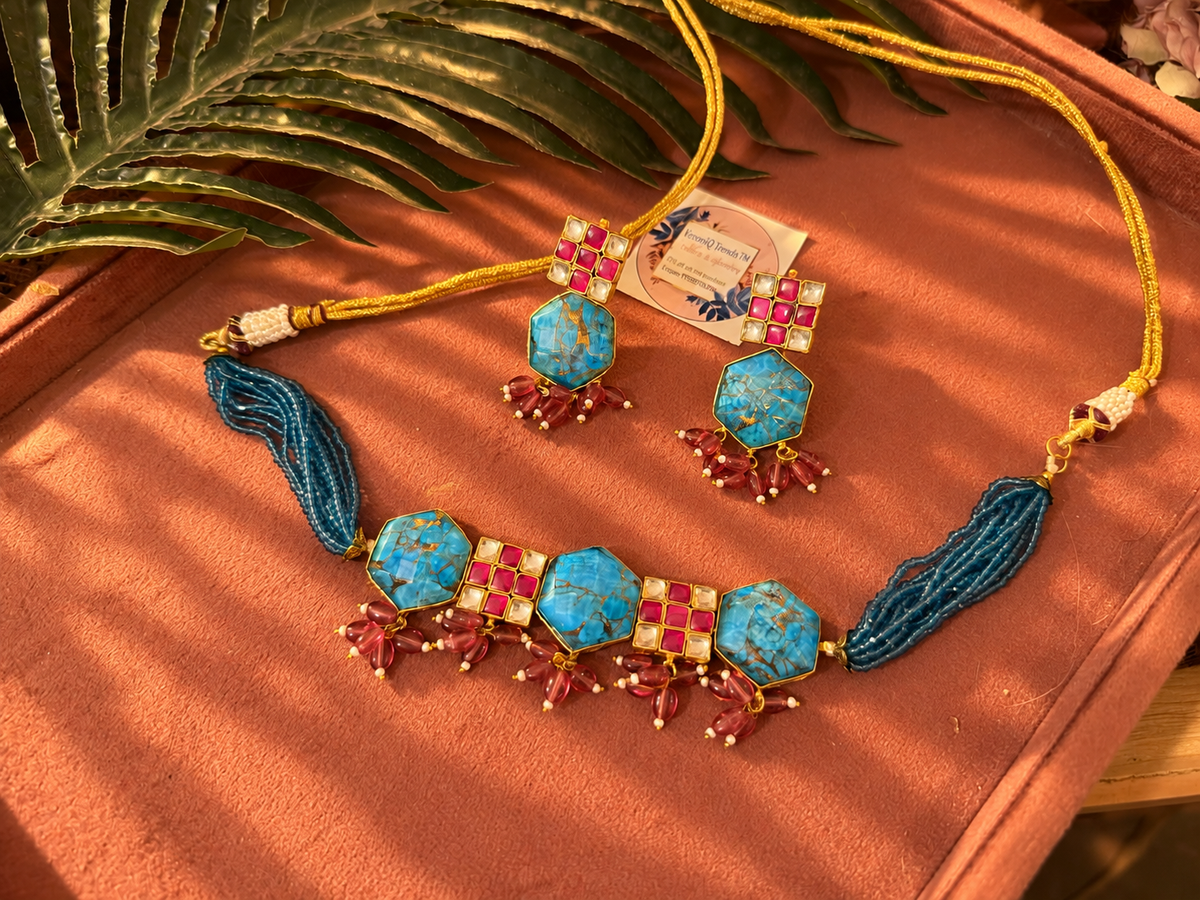 VeroniQ Trends-Turquoise Gold Plated Choker With Earrings in Kundan Blue Beads and Pearls-India