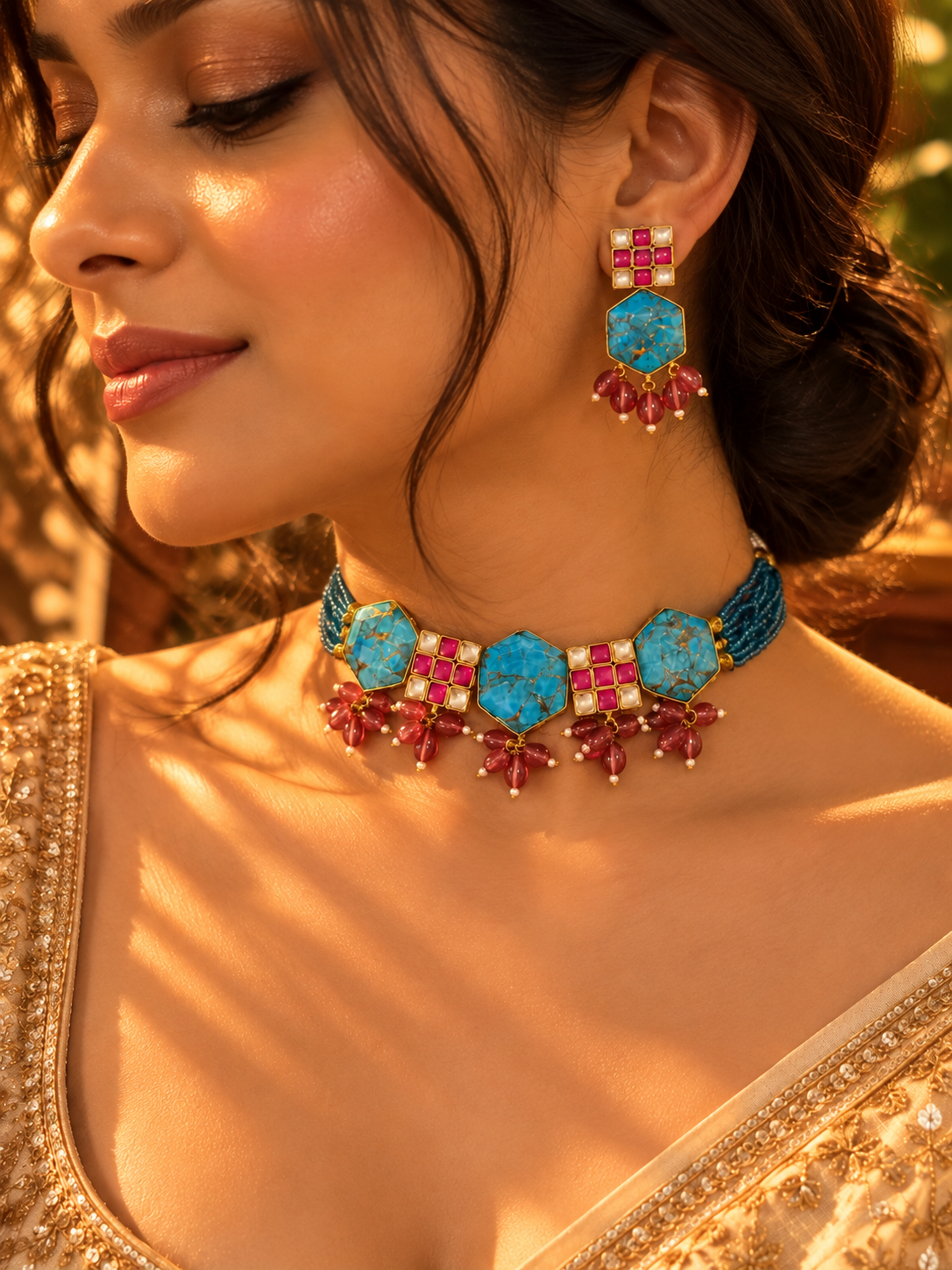 VeroniQ Trends-Turquoise Gold Plated Choker With Earrings in Kundan Blue Beads and Pearls-India