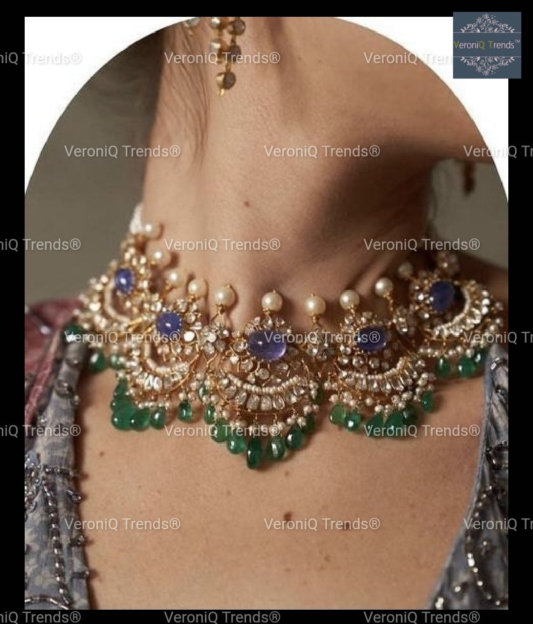 VeroniQ Trends-Sapphire Necklace And Earrings in 92.5 Silver Moissanite Diamond Polki With Strawberry Quartz Beads-Wedding Jewellery-Cocktail Party-South Indian-Thappa-GP