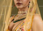 VeroniQ Trends-South Indian Bridal Necklace And Earrings in 92.5 Silver Moissanite Diamond Polki With Emerald Beads-Wedding Jewelry-Cocktail Party-South Indian-Thappa-GP