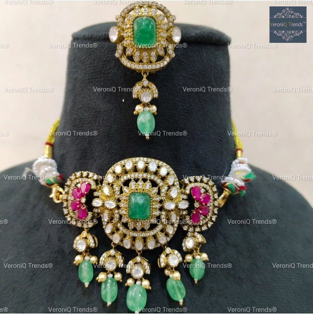 VeroniQ Trends-Victorian Choker Necklace 92.5 Silver Moissanite Diamond Polki With Strawberry Quartz Beads-Wedding Jewelry-Cocktail Party-South Indian-Thappa
