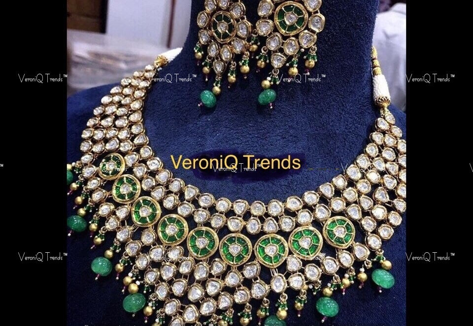 VeroniQ Trends-Traditional Bridal Gold Plated Kundan Green Meenakari Polki Necklace Kundan-Gold Plated-Wedding Jewellery-Punjabi Jewellery-South Indian-Thappa Jewellery