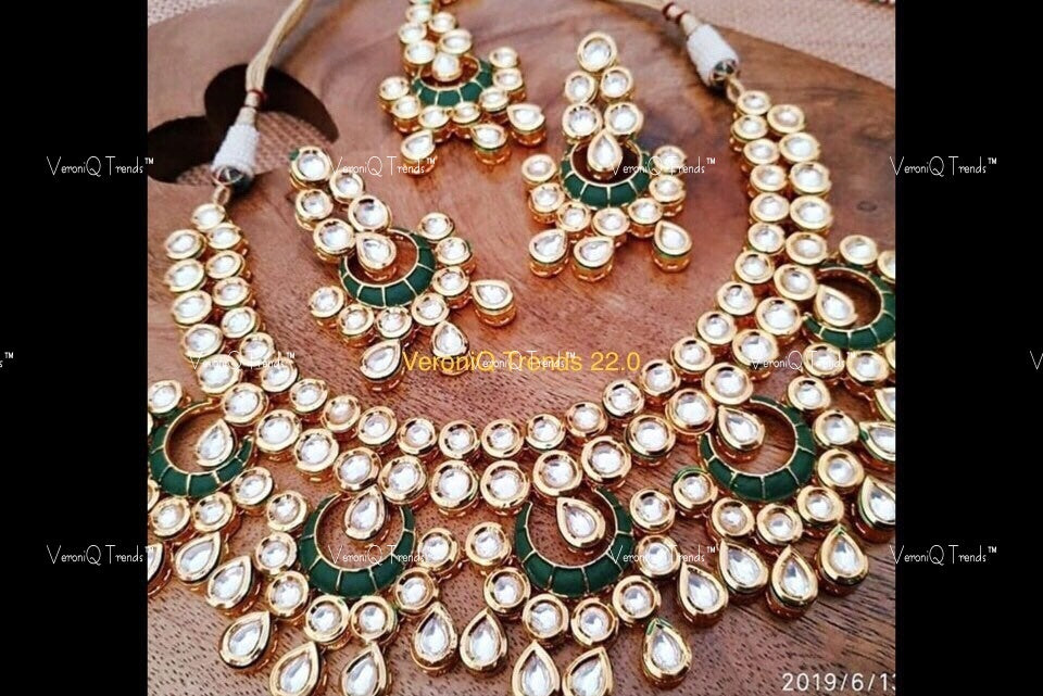 VeroniQ Trends-Traditional Gold Plated Kundan Green Meenakari Polki Necklace Kundan-Gold Plated-Wedding Jewelry-Punjabi Jewelry-South Indian-Thappa Jewelry