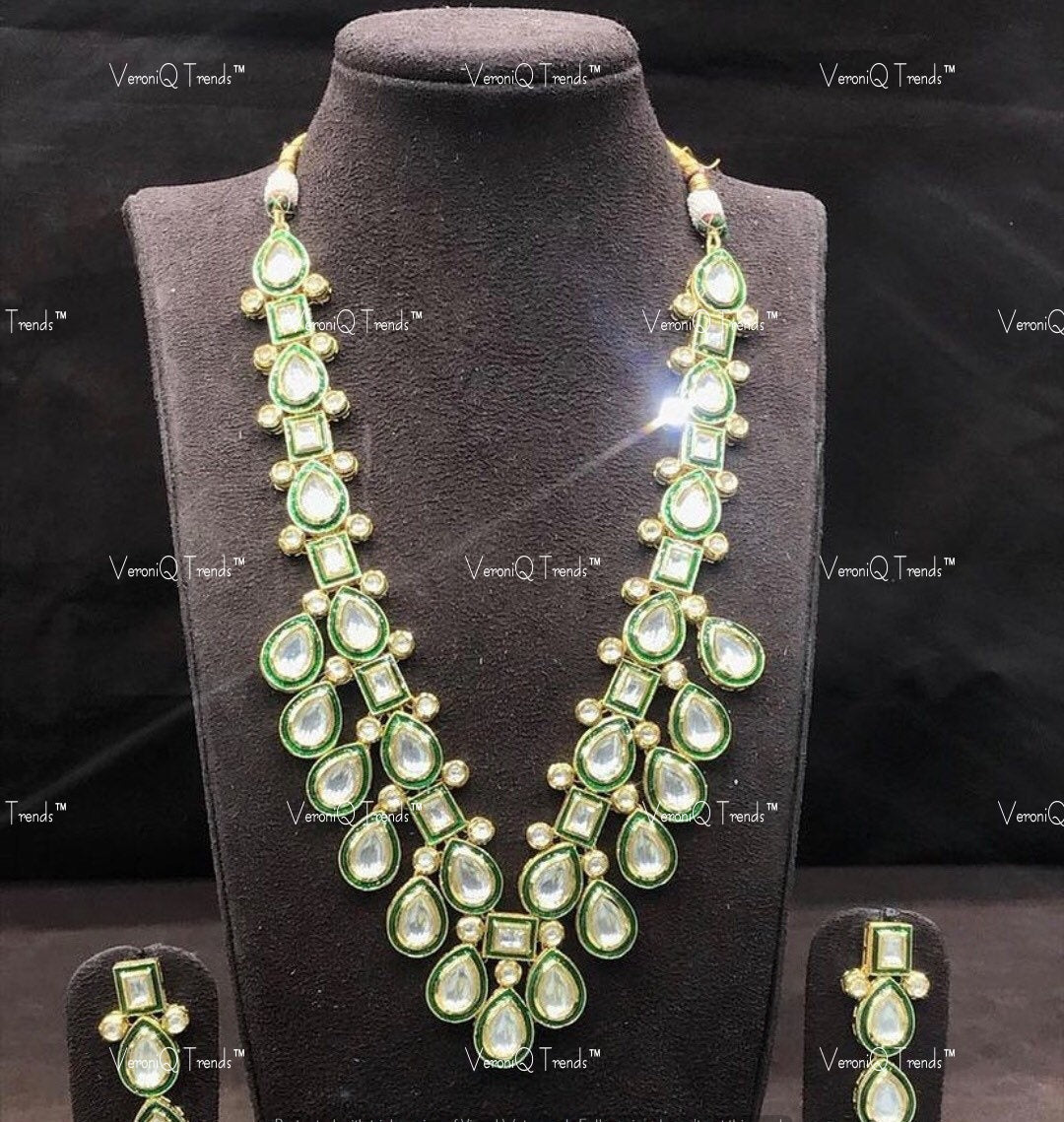 VeroniQ Trends-Traditional Gold Plated Green Meenakari Kundan Polki Long Necklace Kundan-Gold Plated-Wedding Jewellery-Punjabi Jewellery-South Indian-Thappa Jewellery