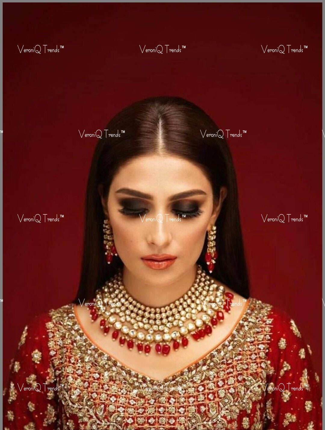 VeroniQ Trends-Traditional Gold Plated Statement Kundan Polki Choker Necklace With Red Beads Kundan Polki-Gold Plated-Wedding Jewellery-Punjabi Jewellery-South Indian-Thappa Jewellery