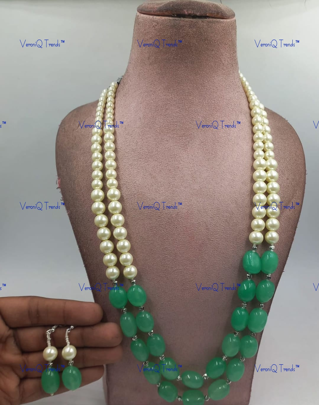 VeroniQ Trends-Beautiful Jade Beads Mala with Shell Pearl Long Necklace Kundan-Gold Plated-Wedding Jewellery-Punjabi Jewellery-South Indian-Thappa Jewellery