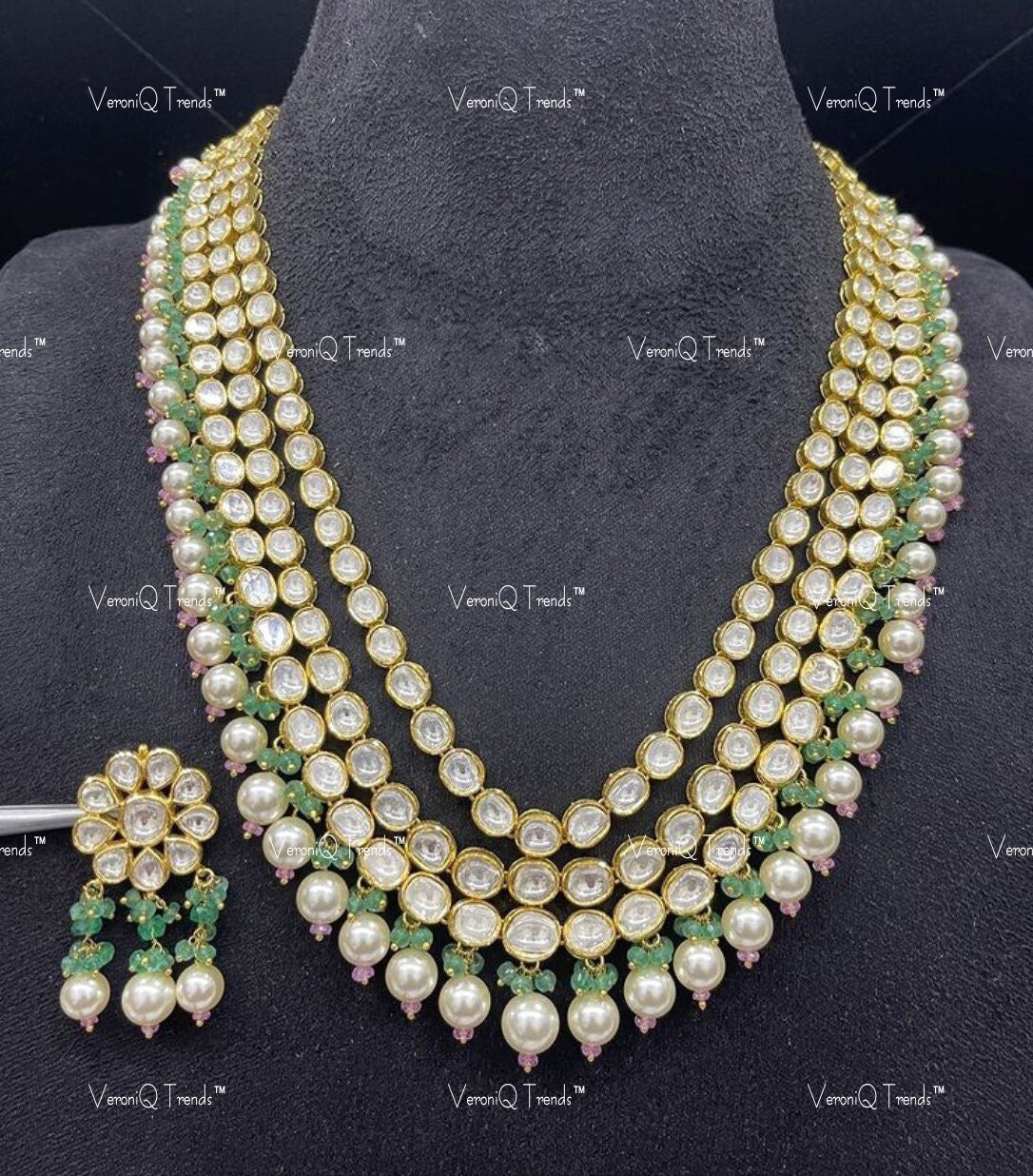 VeroniQ Trends-Mughal Gold Plated Kundan Multilayer Kundan Necklace With Pearl Kundan-Gold Plated-Wedding Jewellery-Punjabi Jewellery-South Indian-Thappa Jewellery