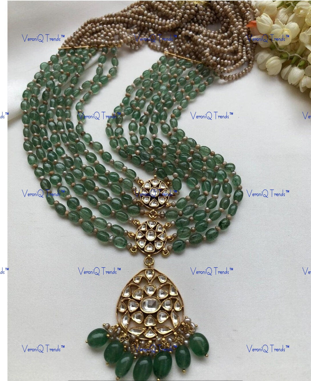 VeroniQ Trends-Elegant Gold Plated Kundan Multistrand Quartz Beads Rani Haar in Polki Kundan Long Necklace Kundan-Gold Plated-Wedding Jewellery-Punjabi Jewellery-South Indian-Thappa Jewellery