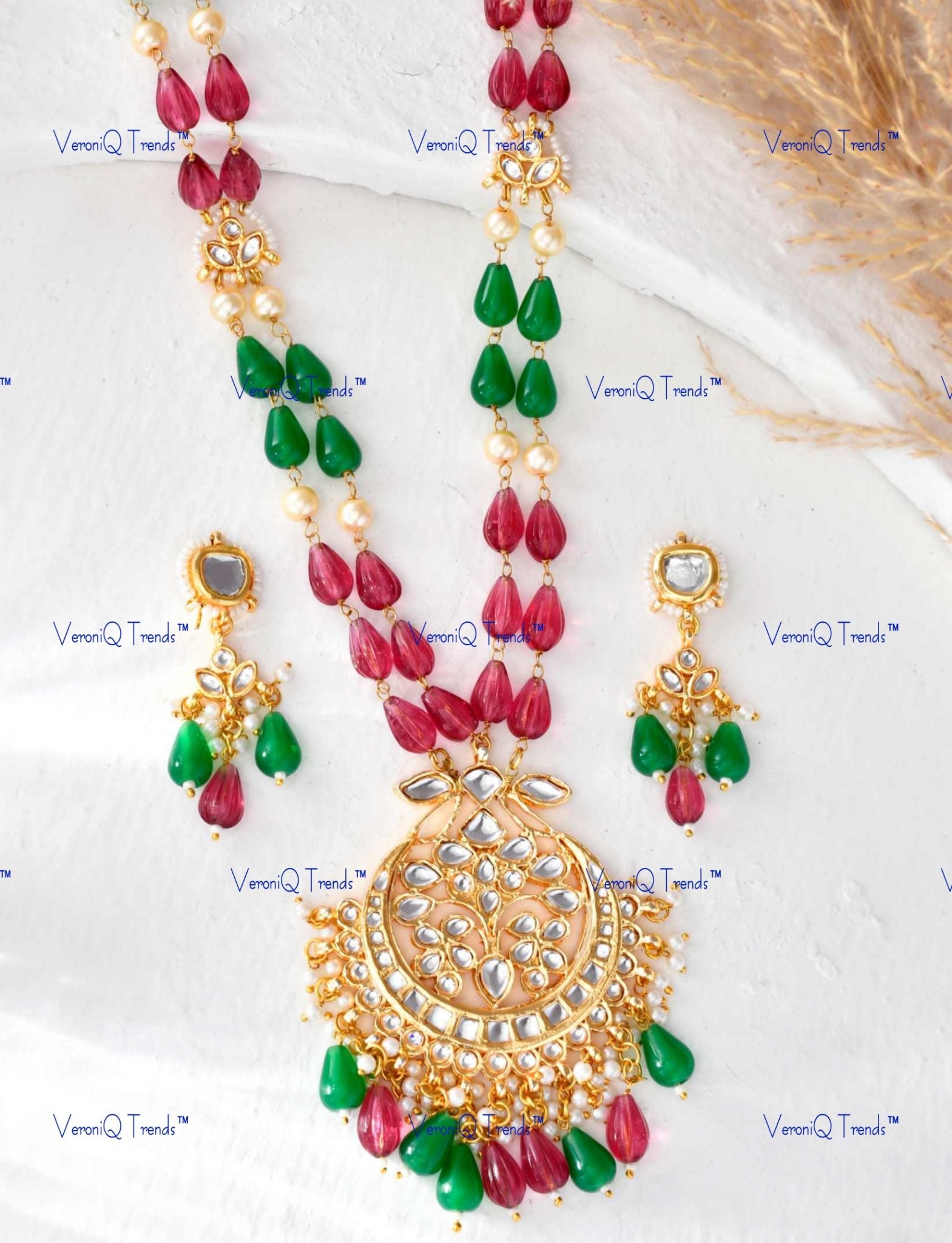 VeroniQ Trends-Elegant Multicolor Beads Double Line Meenakari And Kundan Necklace Kundan-Gold Plated-Wedding Jewellery-Punjabi Jewellery-South Indian-Thappa Jewellery