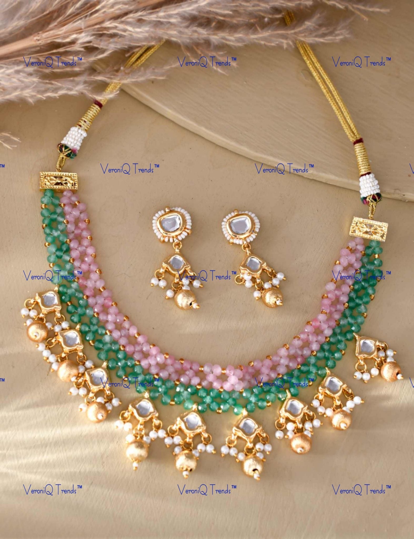 VeroniQ Trends-Traditional Pink Green Meenakari And Kundan Choker Necklace Kundan-Gold Plated-Wedding Jewellery-Punjabi Jewellery-South Indian-Thappa Jewellery