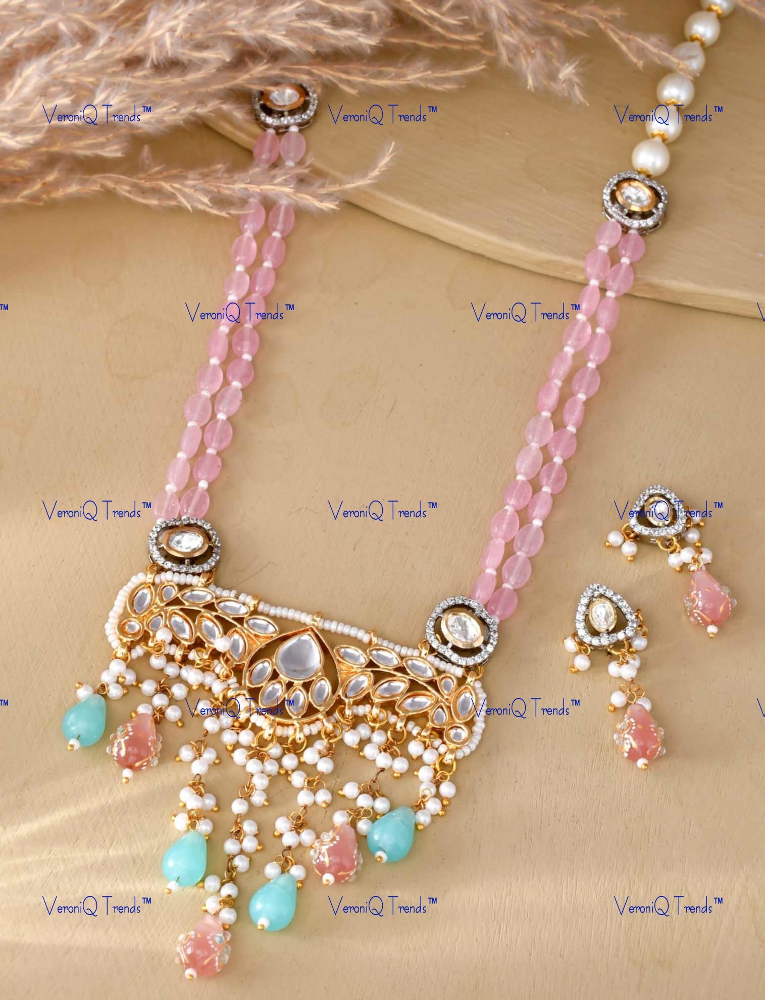 VeroniQ Trends-Beautiful Pink Blue Meenakari Beads And Kundan Pearl Long Necklace Kundan-Gold Plated-Wedding Jewellery-Punjabi Jewellery-South Indian-Thappa Jewellery