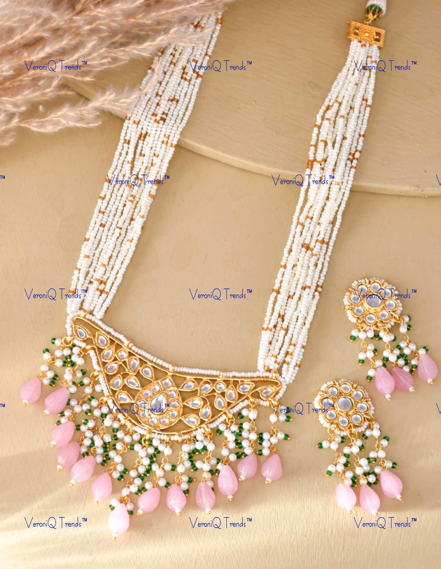 VeroniQ Trends-Partywear Pink Beads Gold Plated Moti Mala And Kundan Pendant Necklace Kundan-Gold Plated-Wedding Jewellery-Punjabi Jewellery-South Indian-Thappa Jewellery