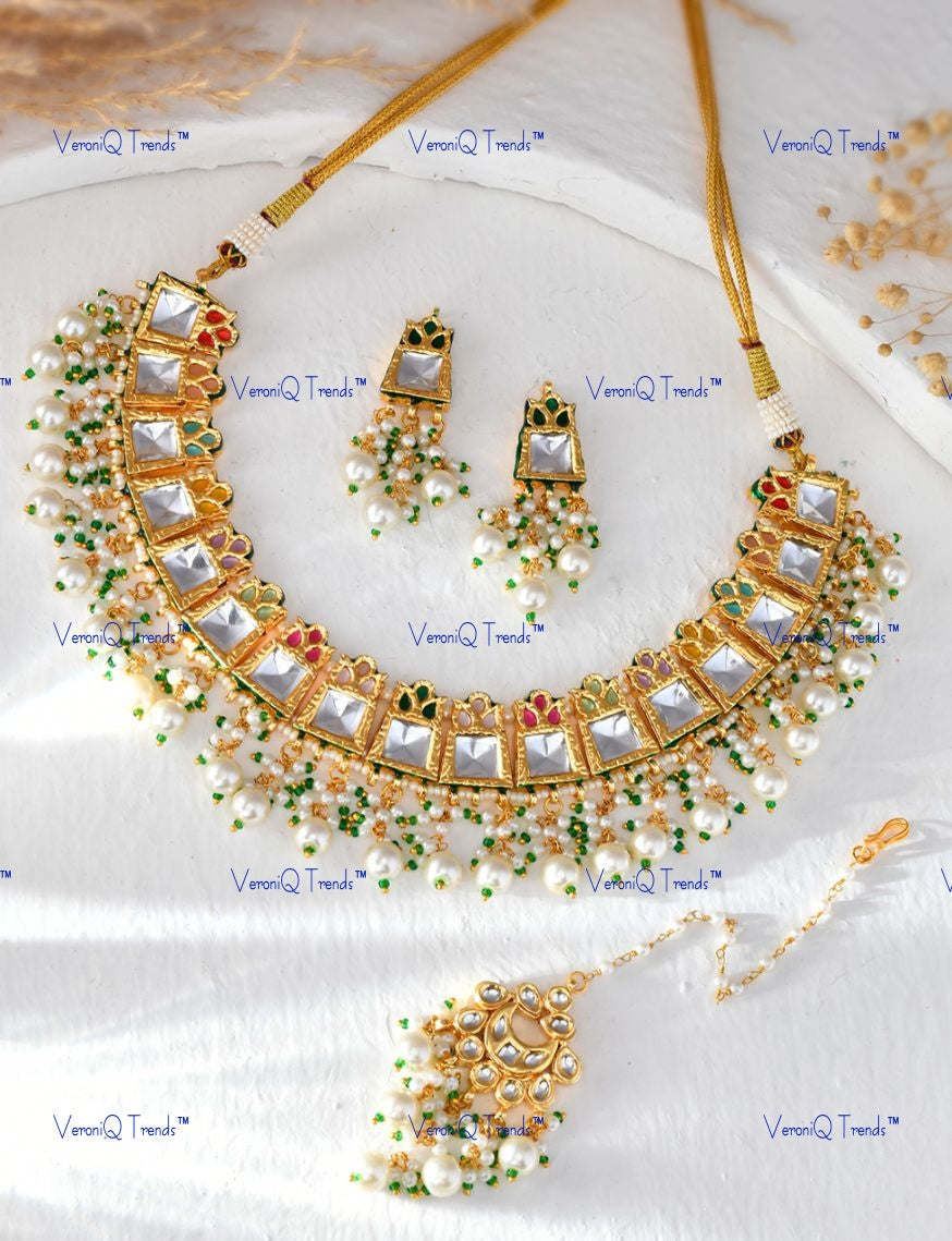 VeroniQ Trends-Gold Plated Pearl Kundan And Meenakari Choker Necklace Kundan-Gold Plated-Wedding Jewellery-Punjabi Jewellery-South Indian-Thappa Jewellery