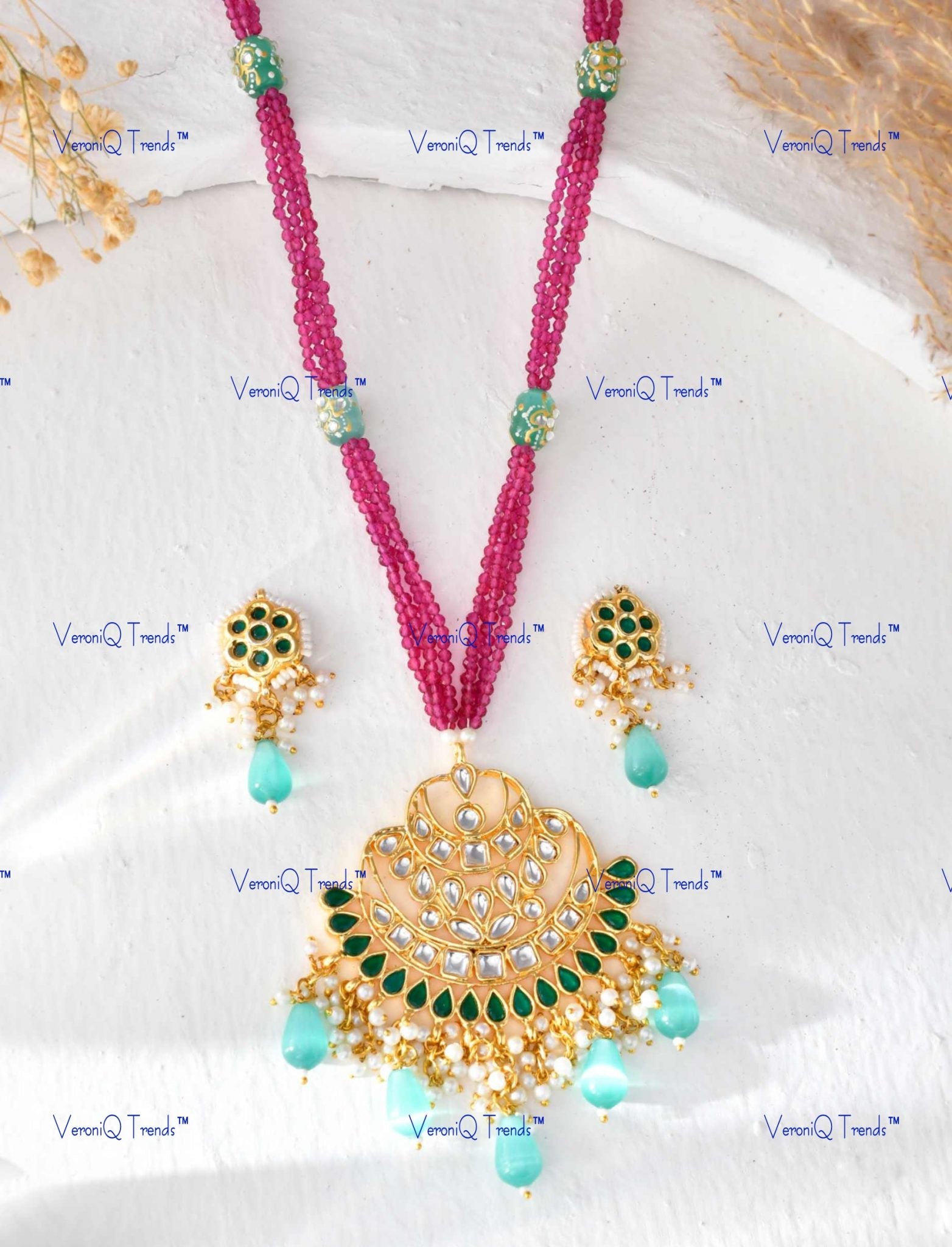 VeroniQ Trends-Beautiful Gold Plated Multistrand Pink Kundan And Meenakari Long Necklace Kundan-Gold Plated-Wedding Jewellery-Punjabi Jewellery-South Indian-Thappa Jewellery