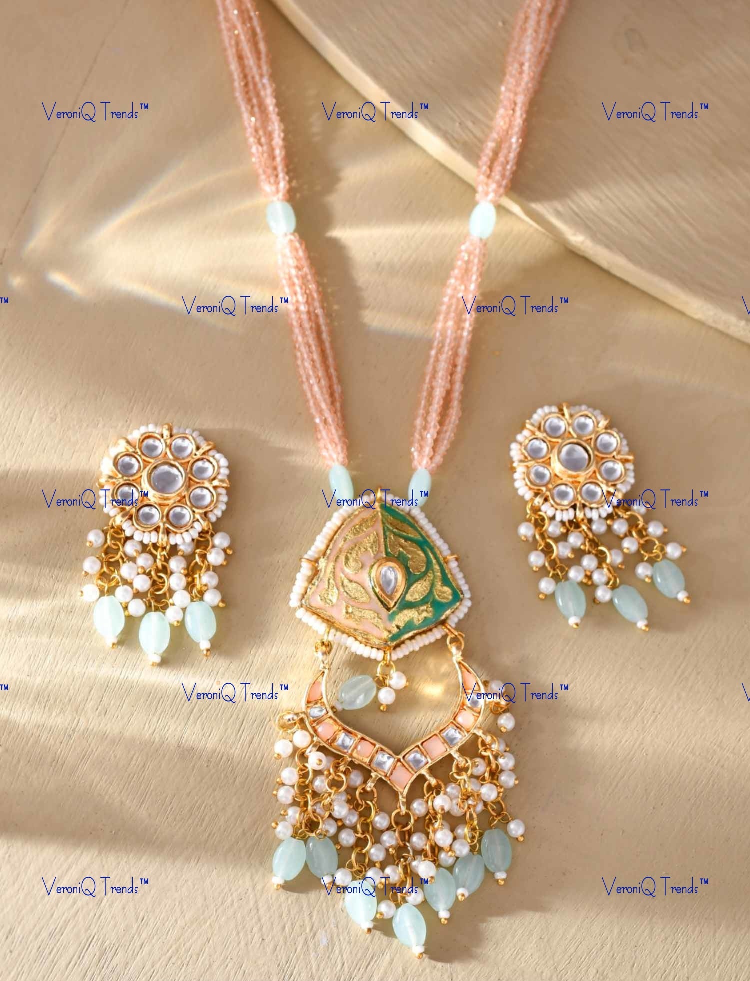 VeroniQ Trends-Beautiful Gold Plated Peach-Turquoise Blue Multistrand Kundan And Meenakari Long Necklace Kundan-Gold Plated-Wedding Jewellery-Punjabi Jewellery-South Indian-Thappa Jewellery