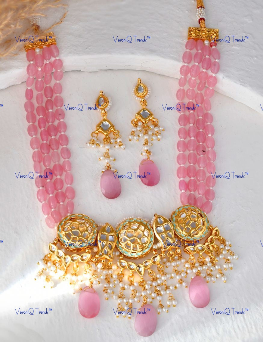 VeroniQ Trends-South Indian Style Pink Gold Plated Multistrand Kundan And Meenakari Necklace Kundan-Gold Plated-Wedding Jewellery-Punjabi Jewellery-South Indian-Thappa Jewellery