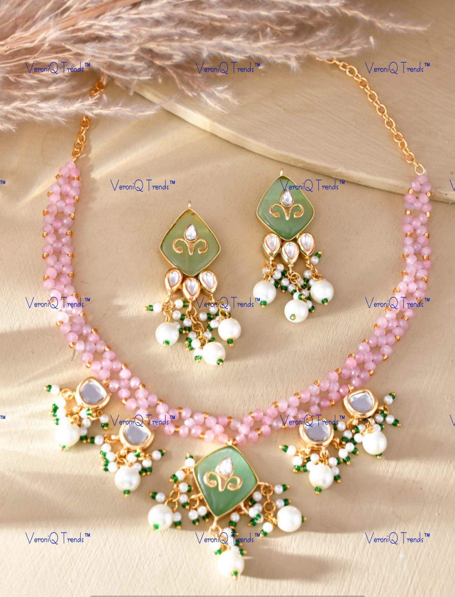 VeroniQ Trends-Beautiful Pink-Green Gold Plated Multistrand Kundan And Meenakari Choker Necklace Kundan-Gold Plated-Wedding Jewellery-Punjabi Jewellery-South Indian-Thappa Jewellery